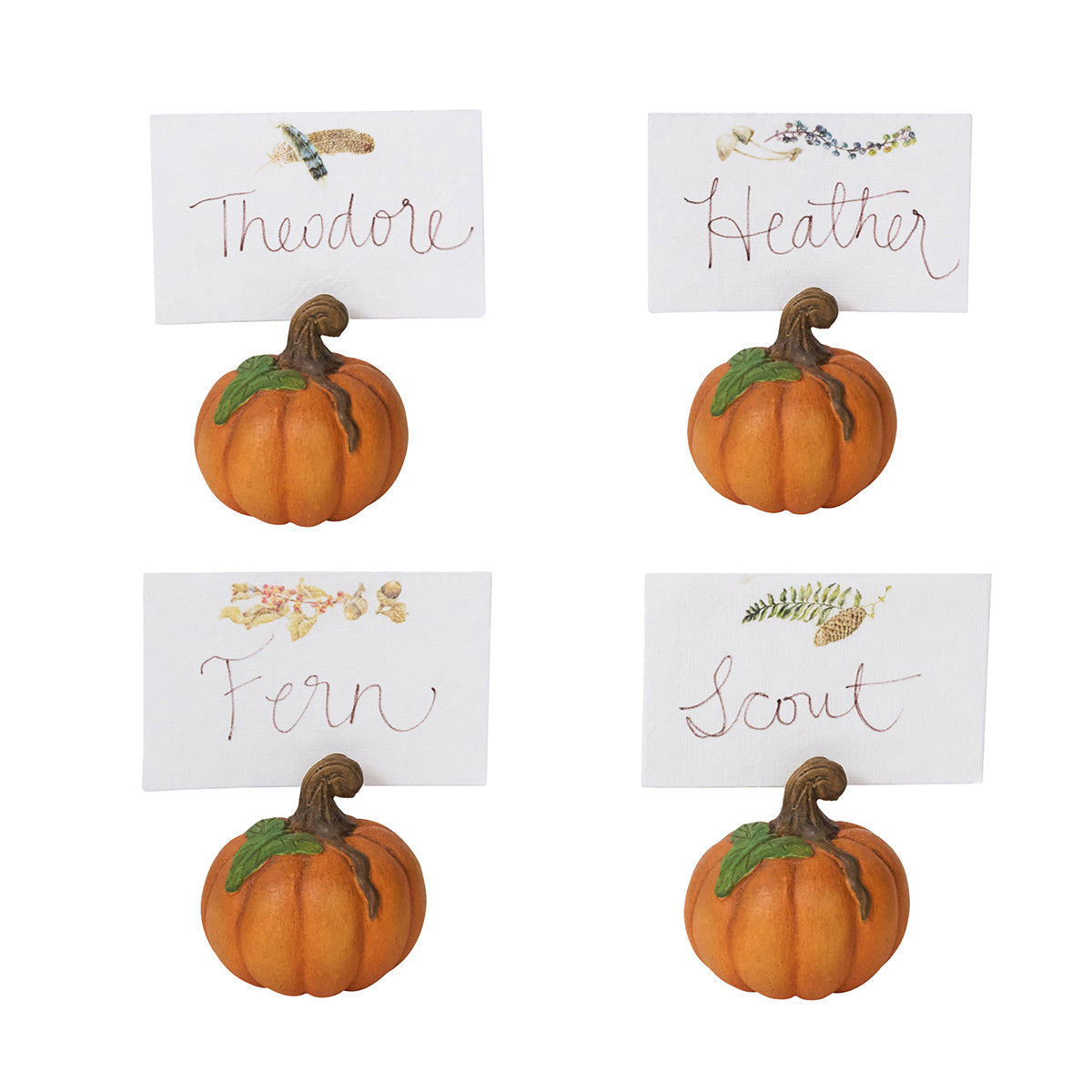 Forest Walk assorted place cards with handwritten names on orange pumpkin holders