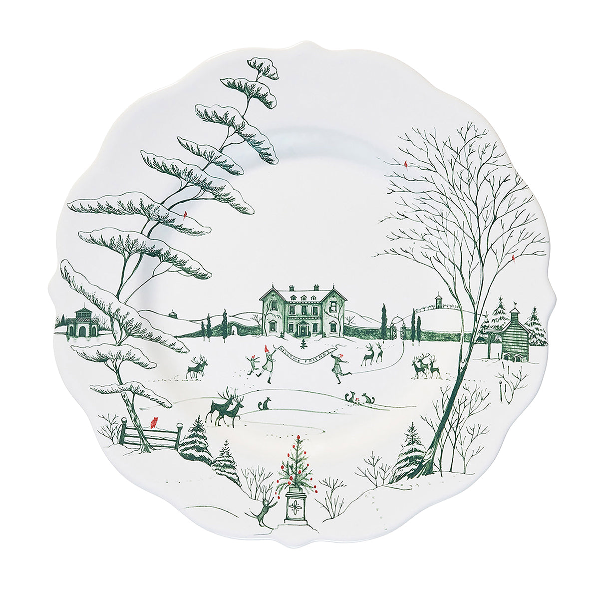 Evergreen Winter Frolic dinner plate with a snowy estate and skaters