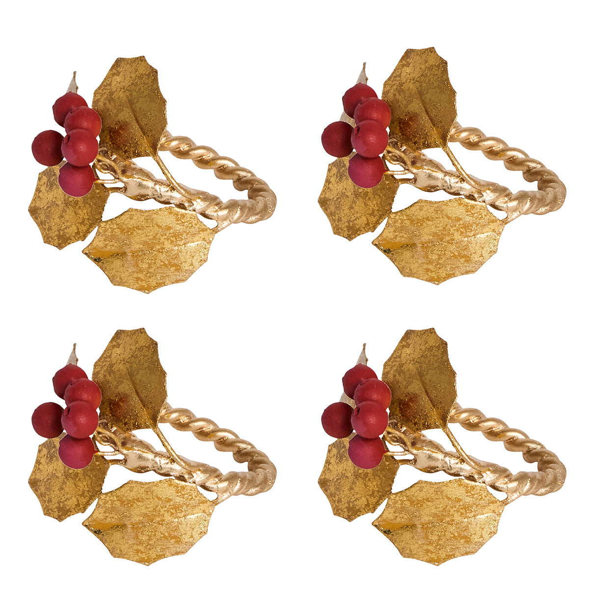 Juliska Forest Walk set of four gold holly napkin rings with red berries
