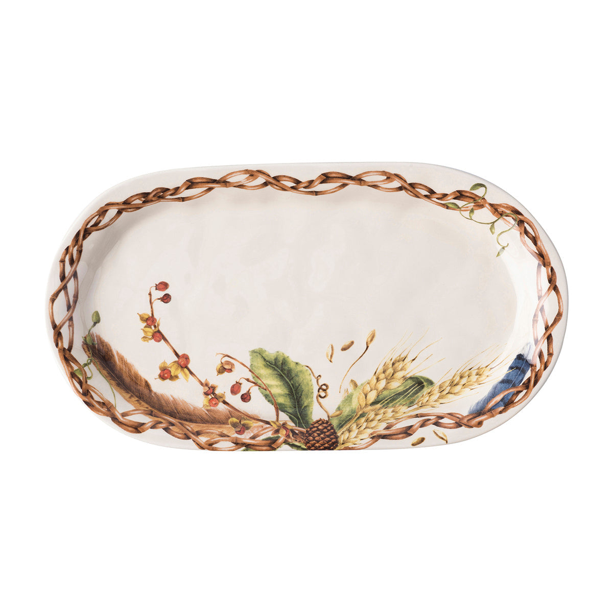Juliska Forest Walk oval hostess tray with twig border, wheat, berries and a pinecone