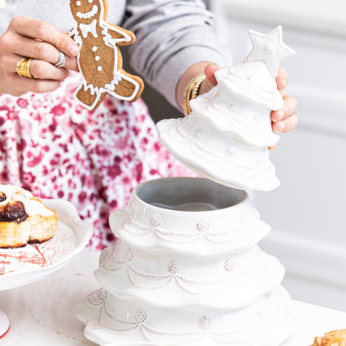 Whitewash Christmas tree cookie jar opened beside a gingerbread cookie
