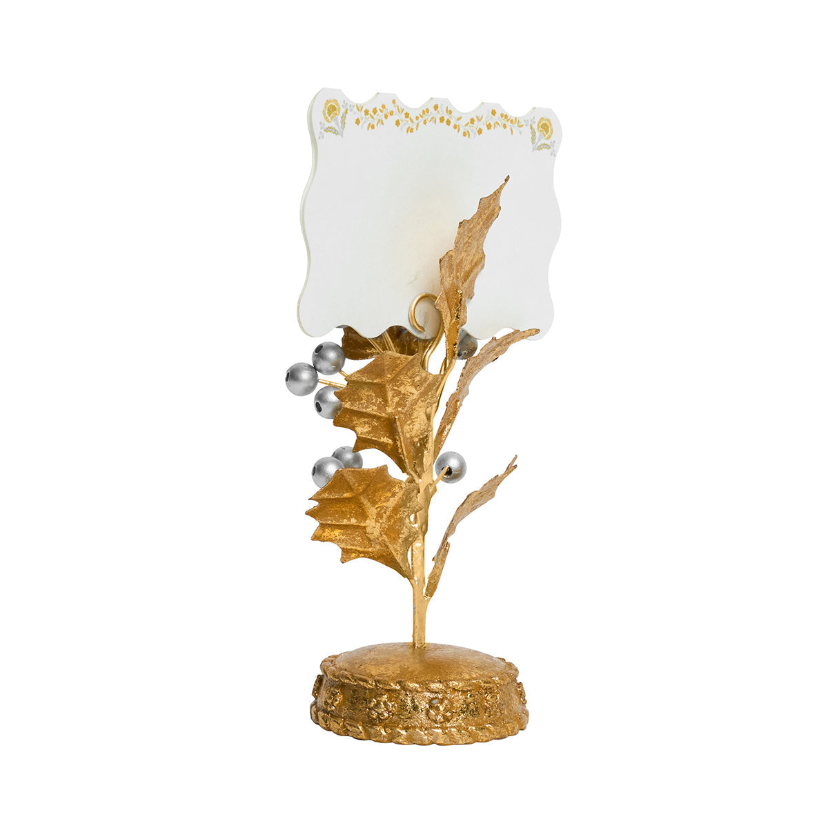 Juliska Forest Walk gold holly place card holder, side view, holding a scalloped card