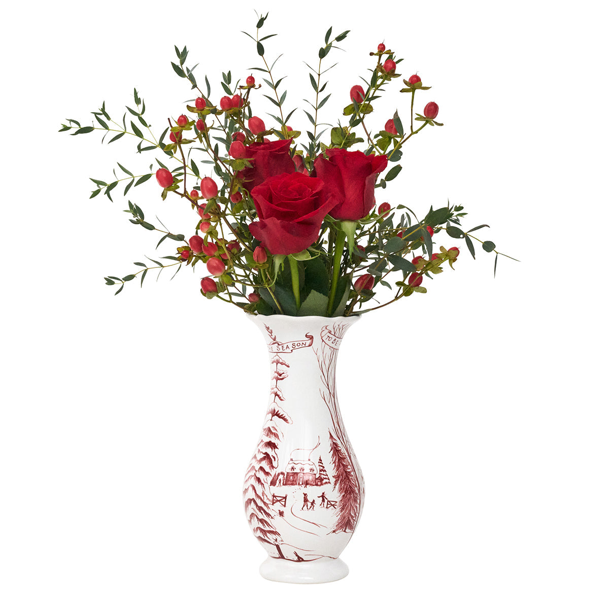 Ruby Winter Frolic vase holding red roses and berries