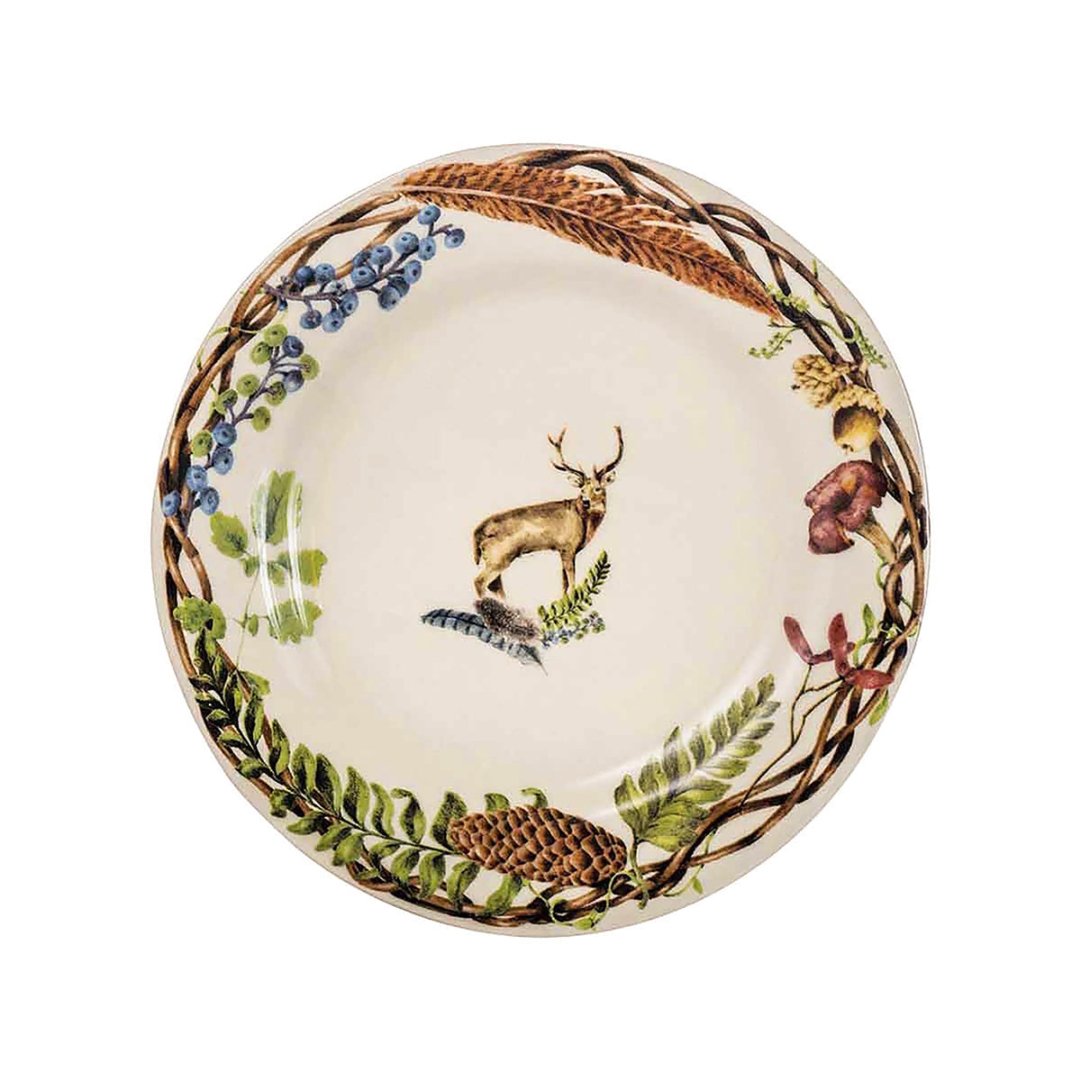 Juliska Forest Walk stag salad plate with a painted stag in the center and a wreath of berries and pinecones
