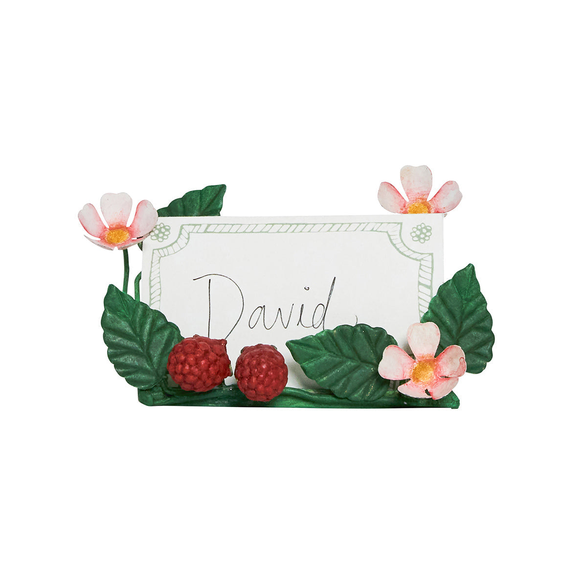 Berry & Thread place card with a handwritten name in a floral place card holder
