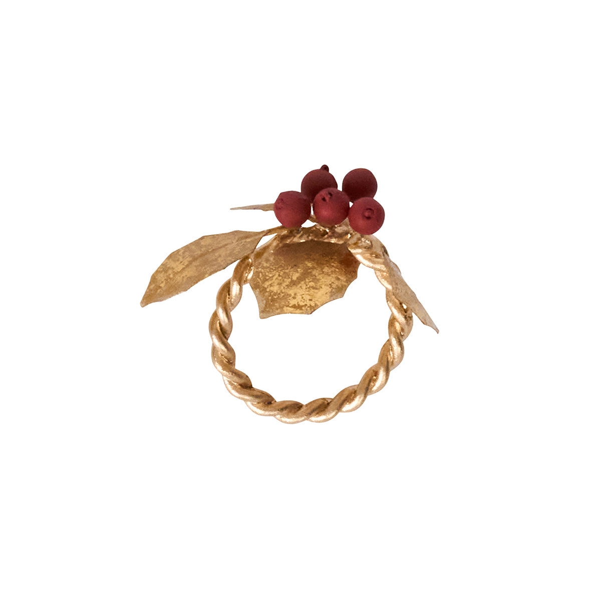 Juliska Forest Walk gold holly napkin ring with red berries