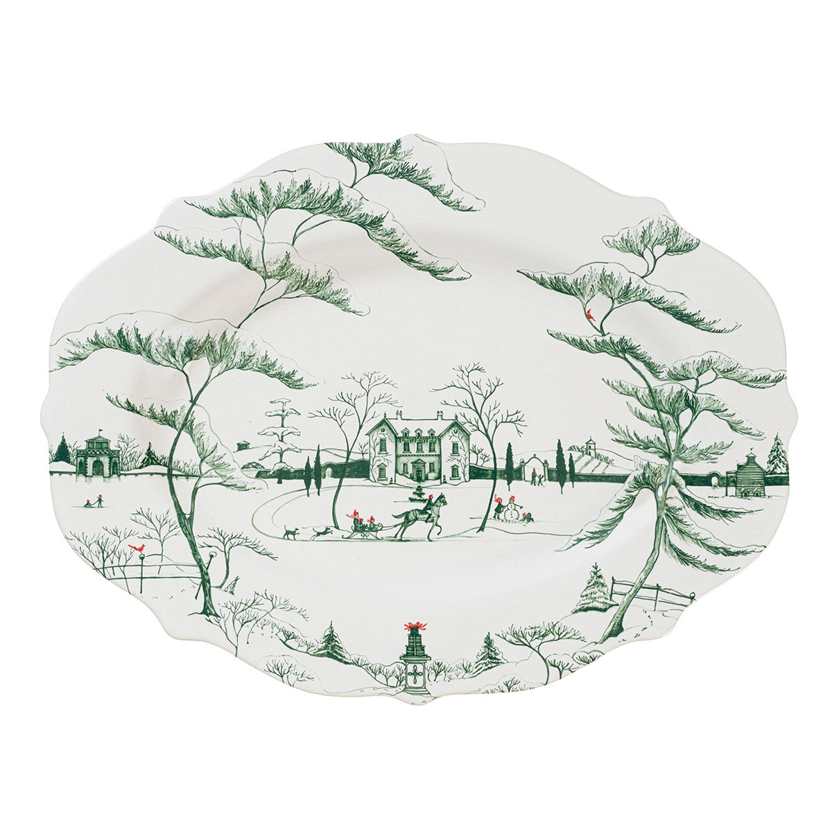 Juliska Country Estate Winter Frolic 18 inch platter in evergreen with the snowy main house and a scalloped rim
