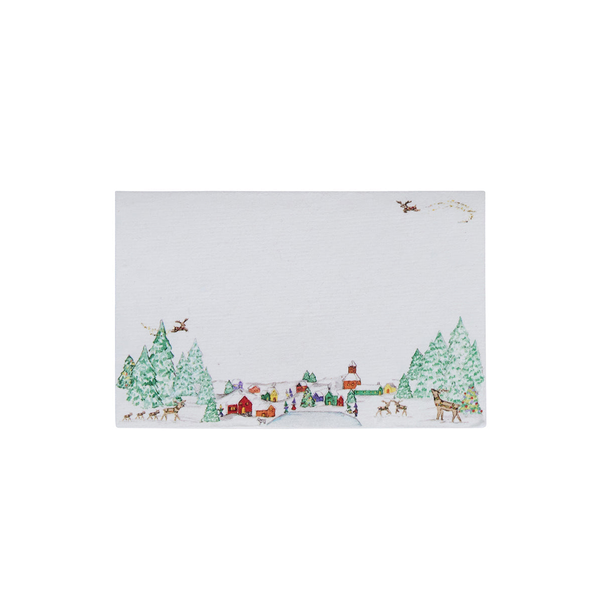 Juliska Berry & Thread North Pole place card illustrated with a snowy village and evergreens