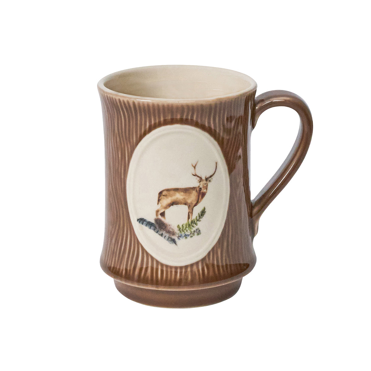 Juliska Forest Walk brown bark-textured mug with a stag in a cream oval medallion