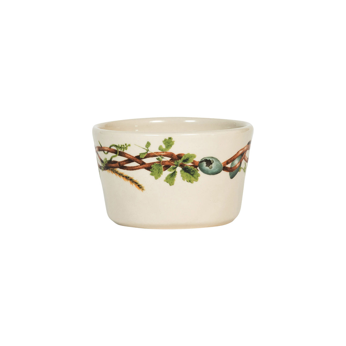 Juliska Forest Walk cream ramekin with a painted band of twigs, berries and feathers