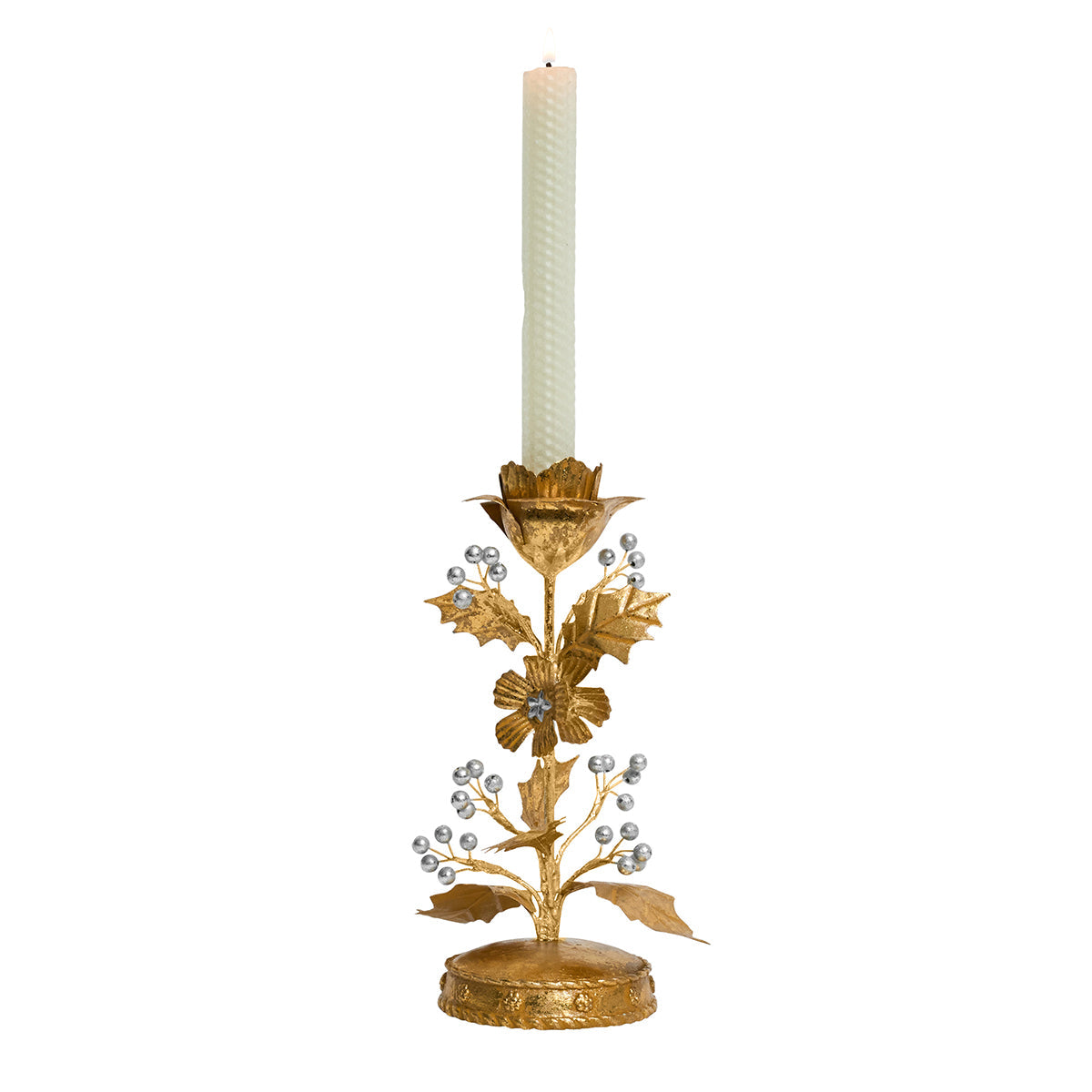Juliska Forest Walk gold holly candlestick holding a white taper candle