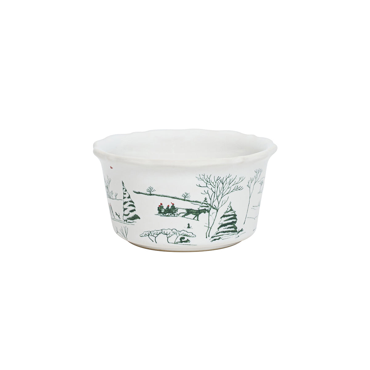 Evergreen Winter Frolic ramekin showing a horse-drawn sleigh