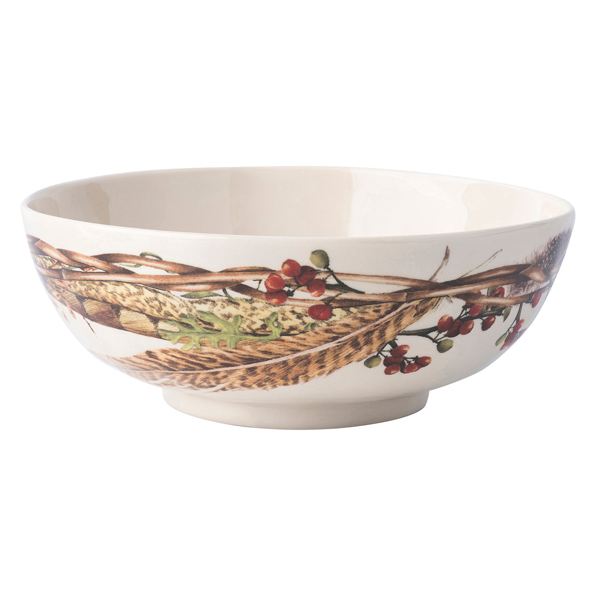 Juliska Forest Walk 10 inch serving bowl with a painted band of feathers, twigs and berries