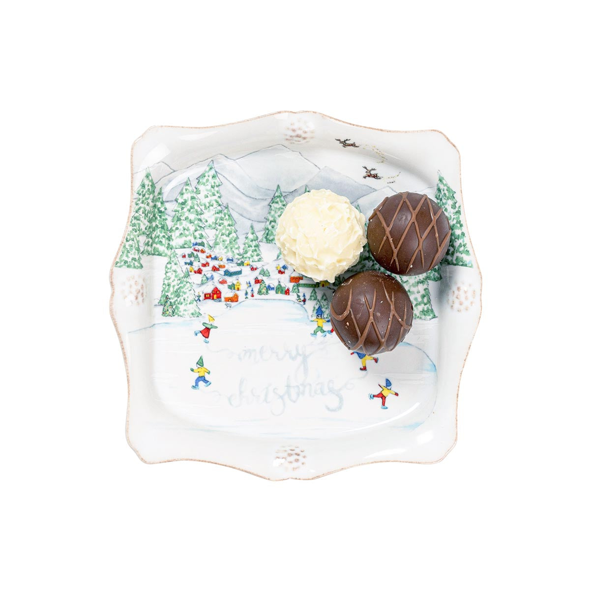 North Pole trinket tray holding chocolate truffles