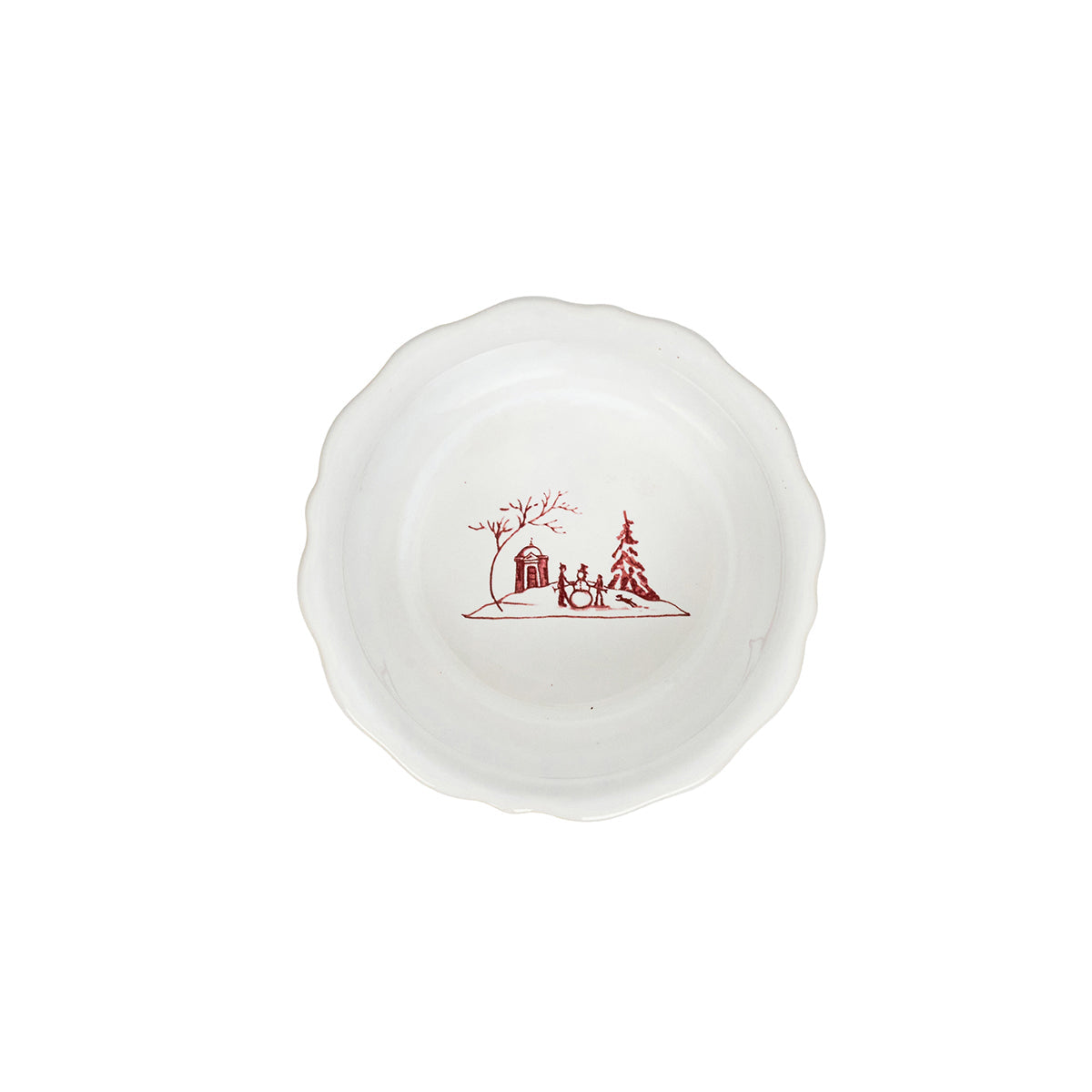 Inside of a ruby Winter Frolic ramekin with a painted cottage