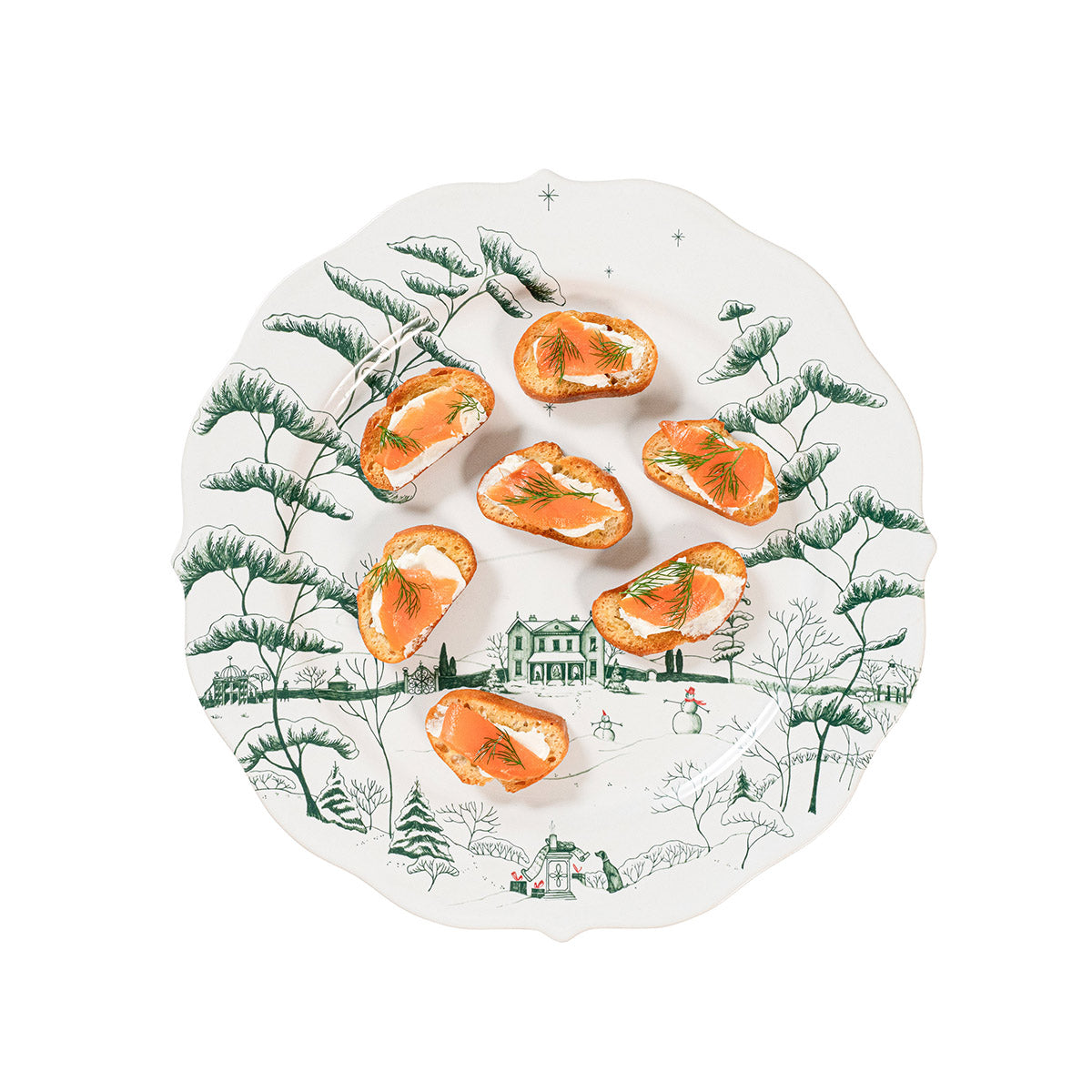 Evergreen Winter Frolic party plate holding smoked salmon canapes