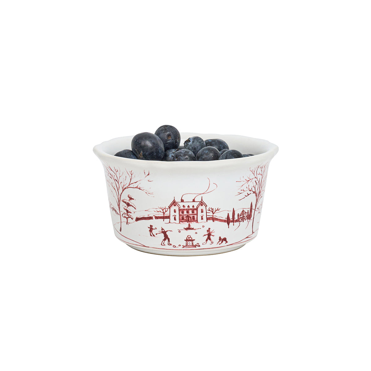 Ruby Winter Frolic ramekin filled with blueberries