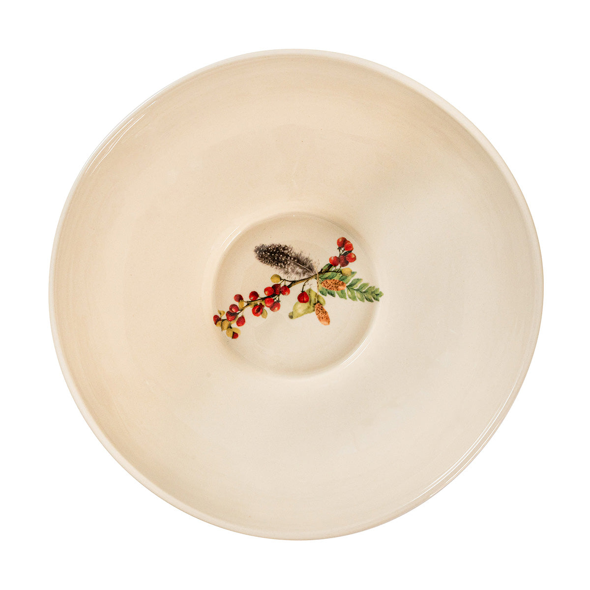 Juliska Forest Walk 12 inch serving bowl viewed from above, showing a small berry sprig inside