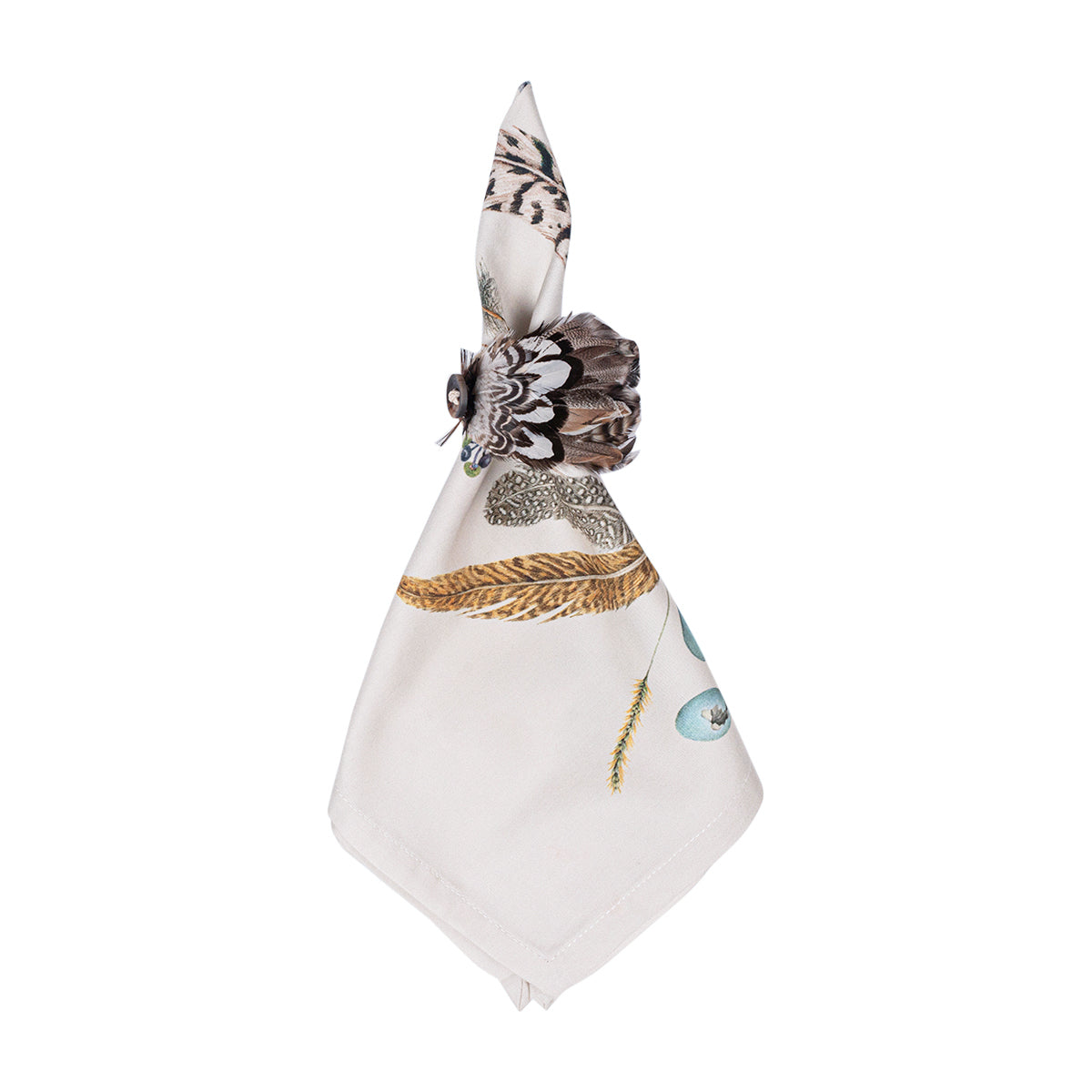Juliska Forest Walk cotton feather napkin gathered in a feather-shaped napkin ring