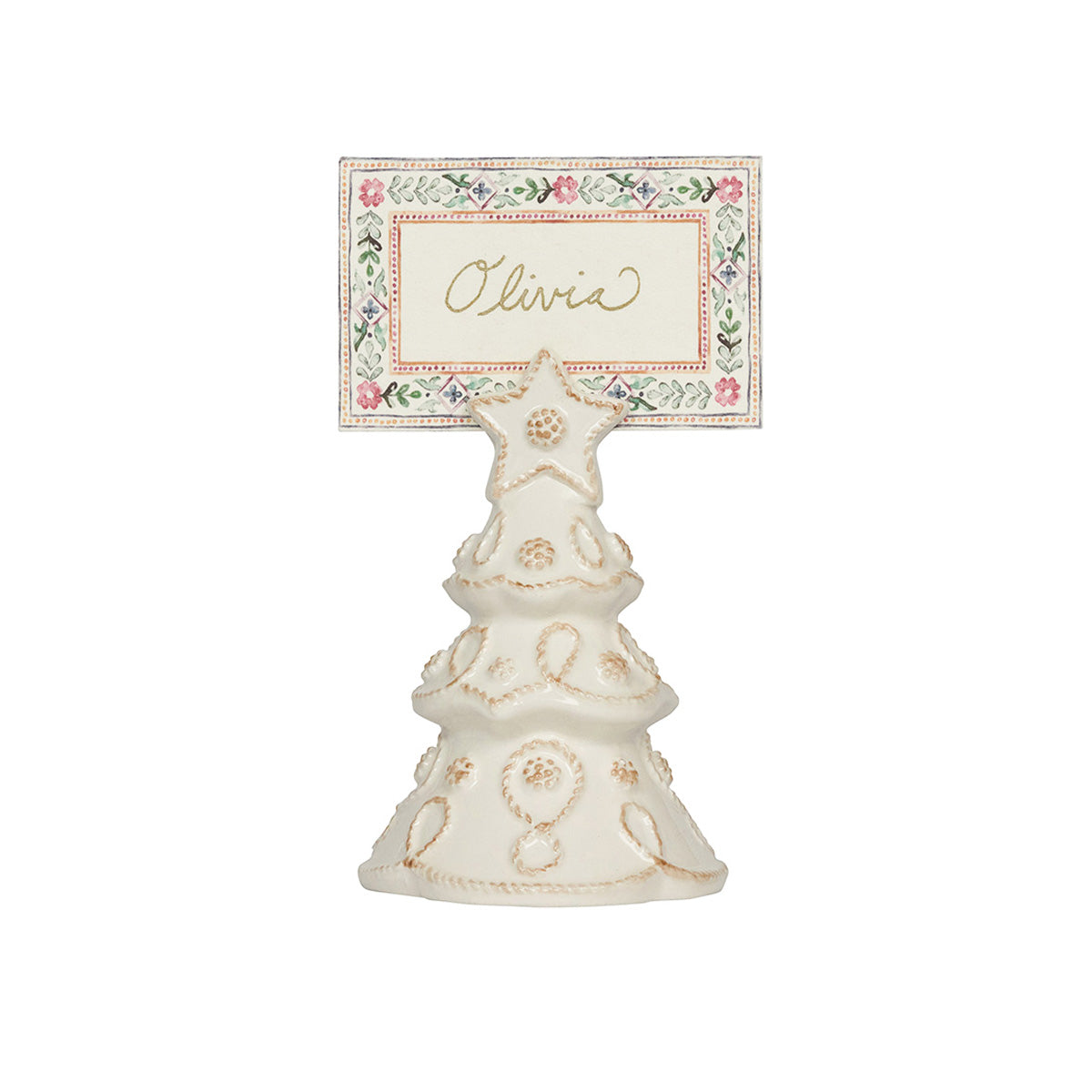 Whitewash tree place card holder holding a handwritten place card