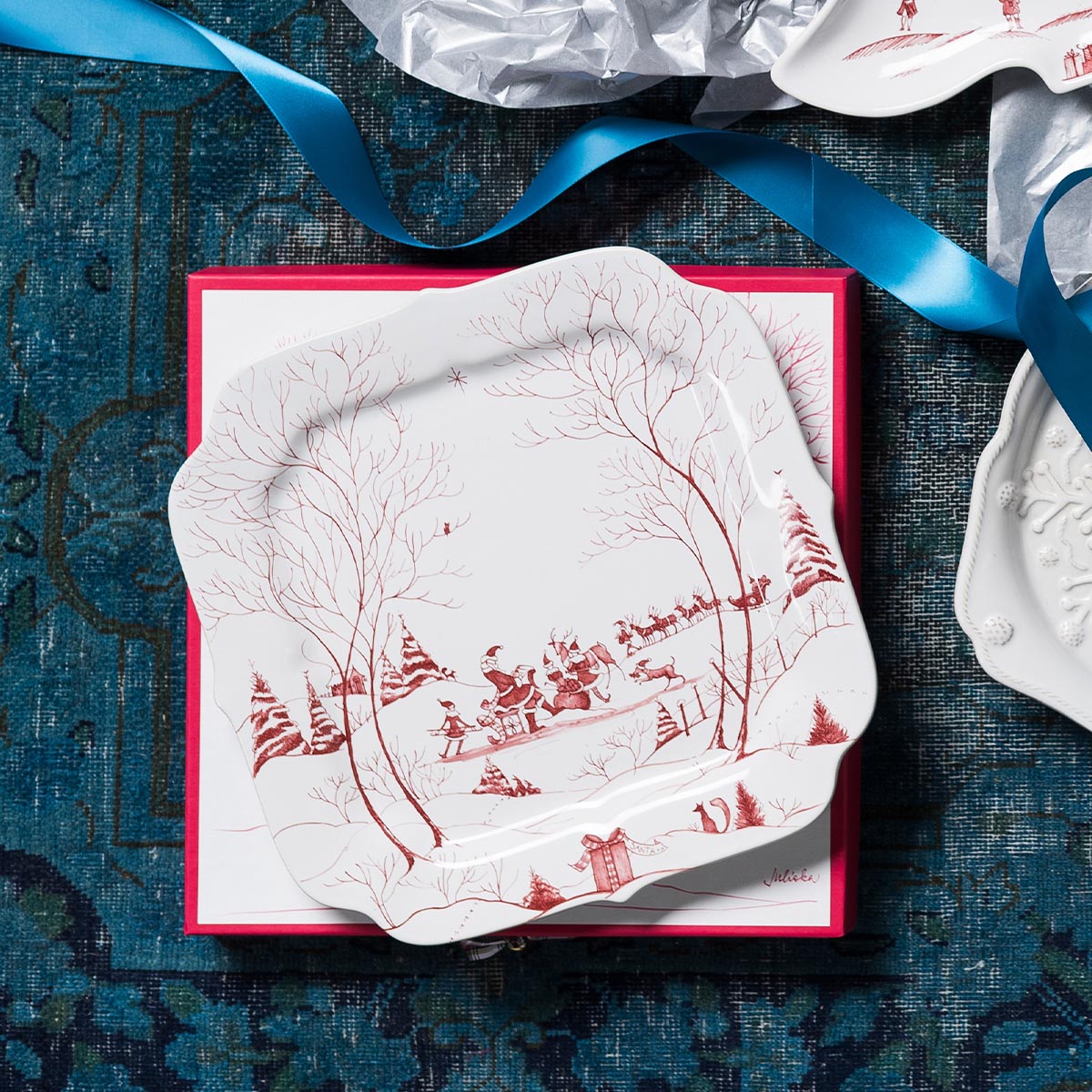 Ruby Winter Frolic cookie tray in its gift box with blue ribbon