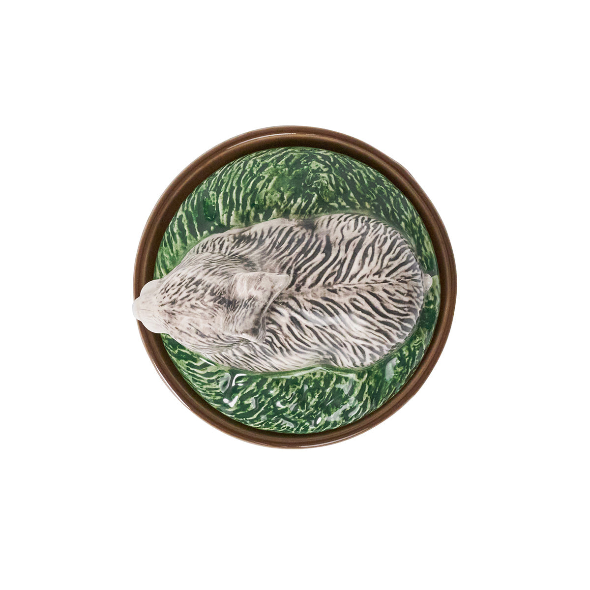 Juliska Forest Walk rabbit lid seen from above, grey rabbit resting on a round green grass base