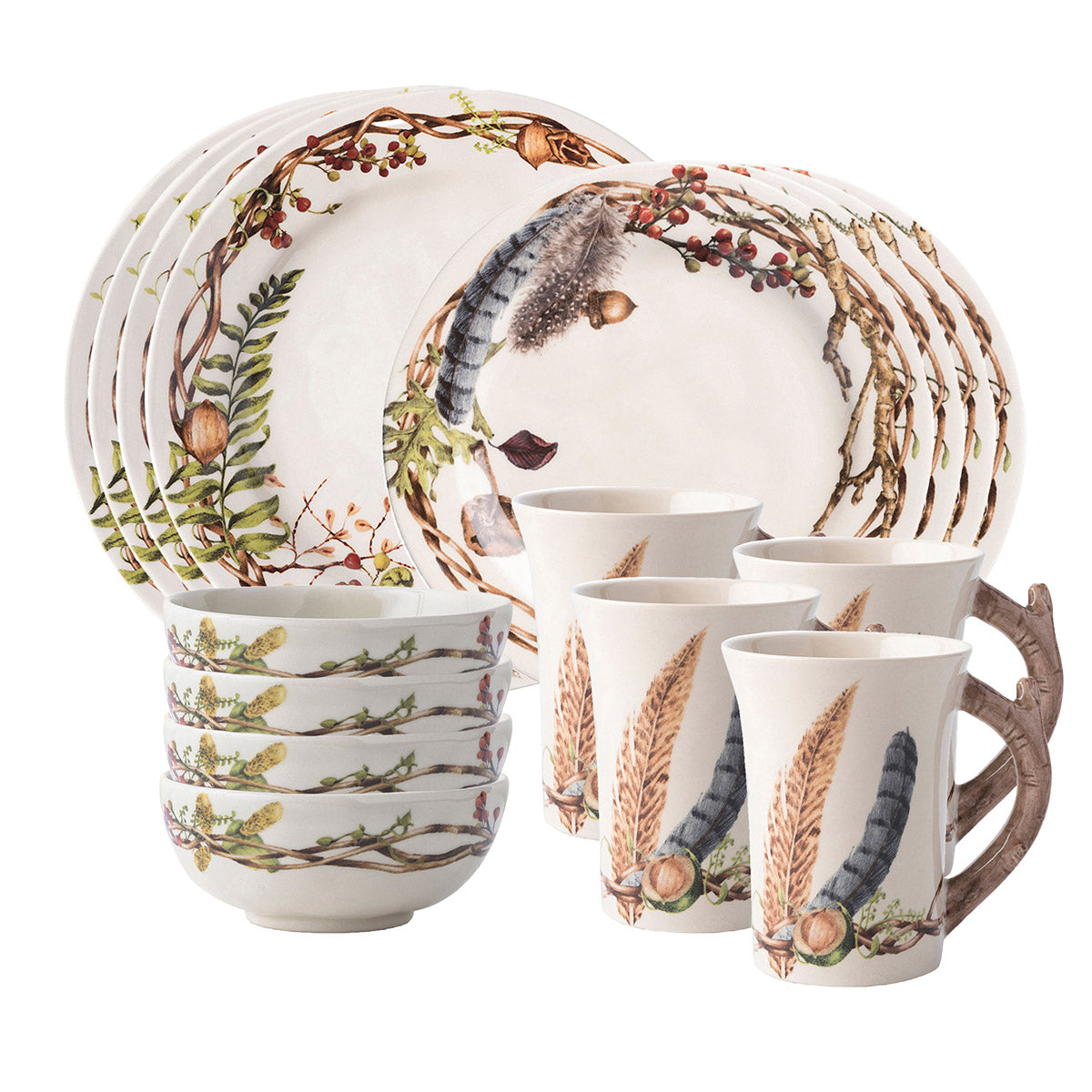 Juliska Forest Walk dinnerware for four: dinner plates, salad plates, berry bowls and feather mugs