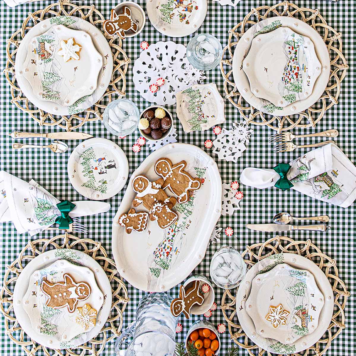 North Pole platter and dinnerware on a green gingham tablecloth