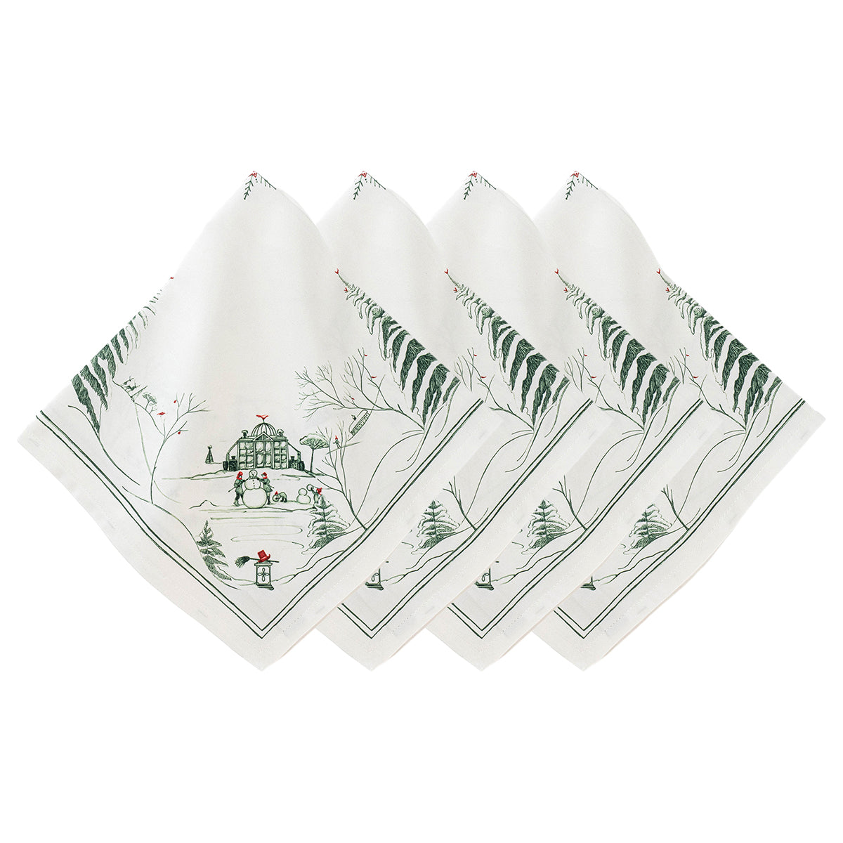 Juliska Country Estate Winter Frolic set of four evergreen cotton napkins with a snowy estate and fir tree border