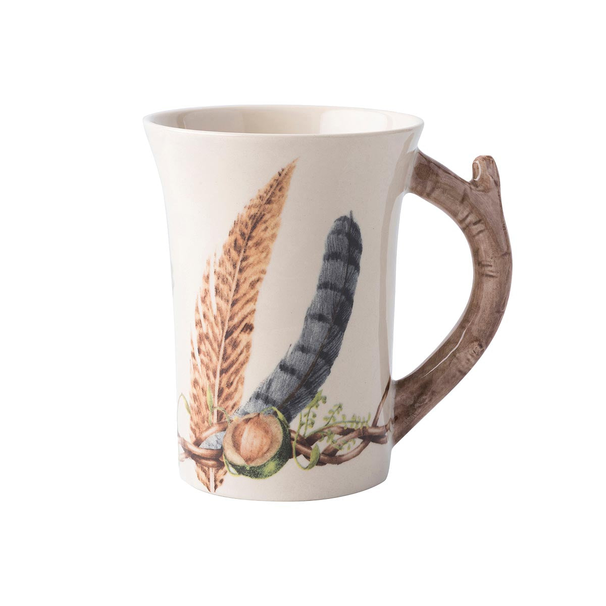 Juliska Forest Walk mug with twig handle and painted feathers and acorns