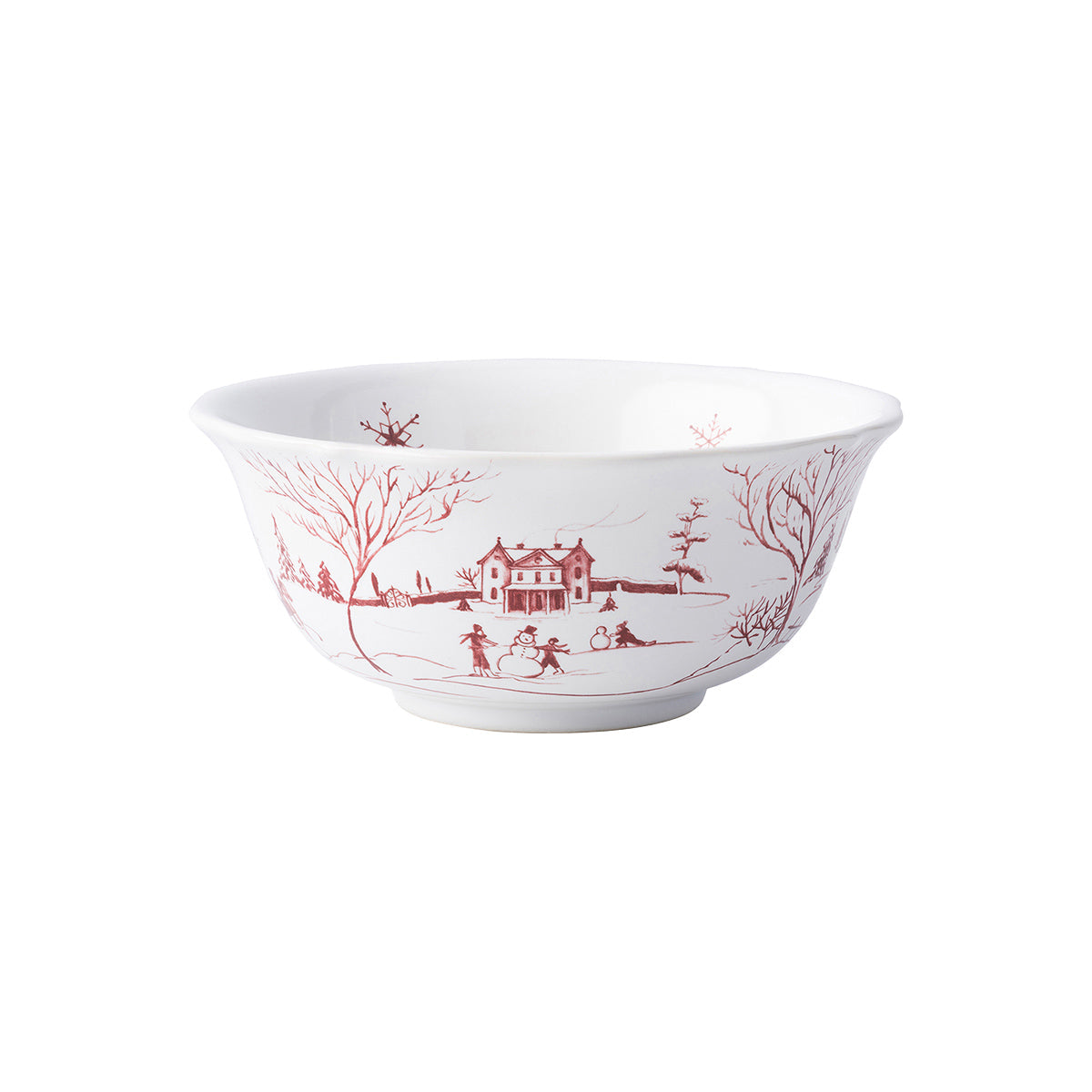 Juliska Country Estate Winter Frolic cereal bowl in ruby with a snowy estate and skaters