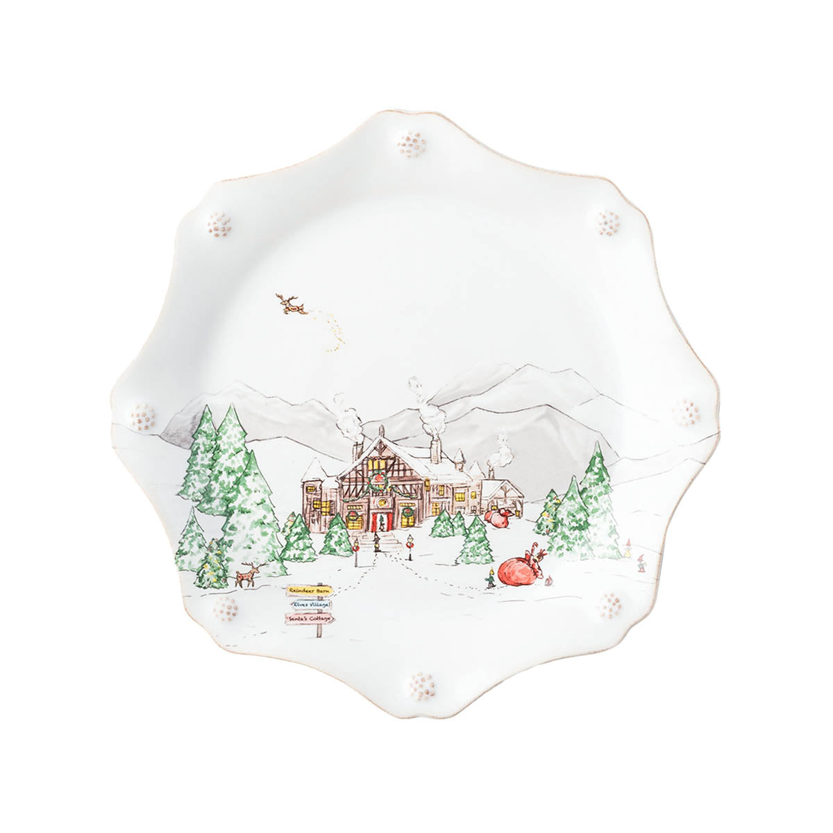 North Pole scalloped salad plate with a timbered workshop and evergreen trees