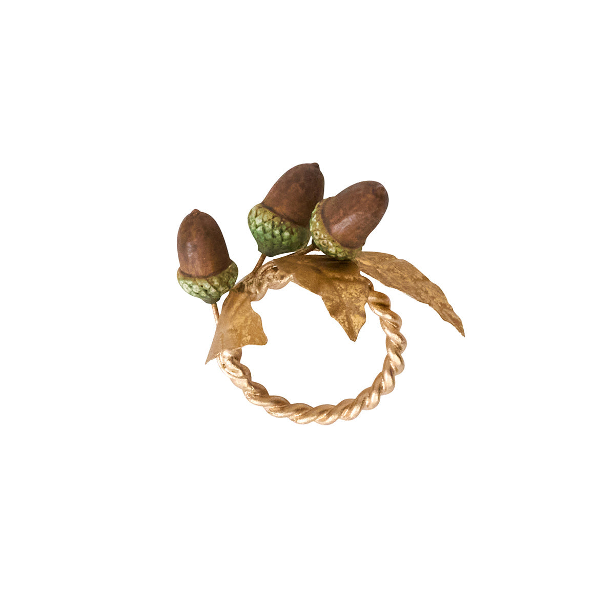 Juliska Forest Walk napkin ring with three brown acorns on gold leaves