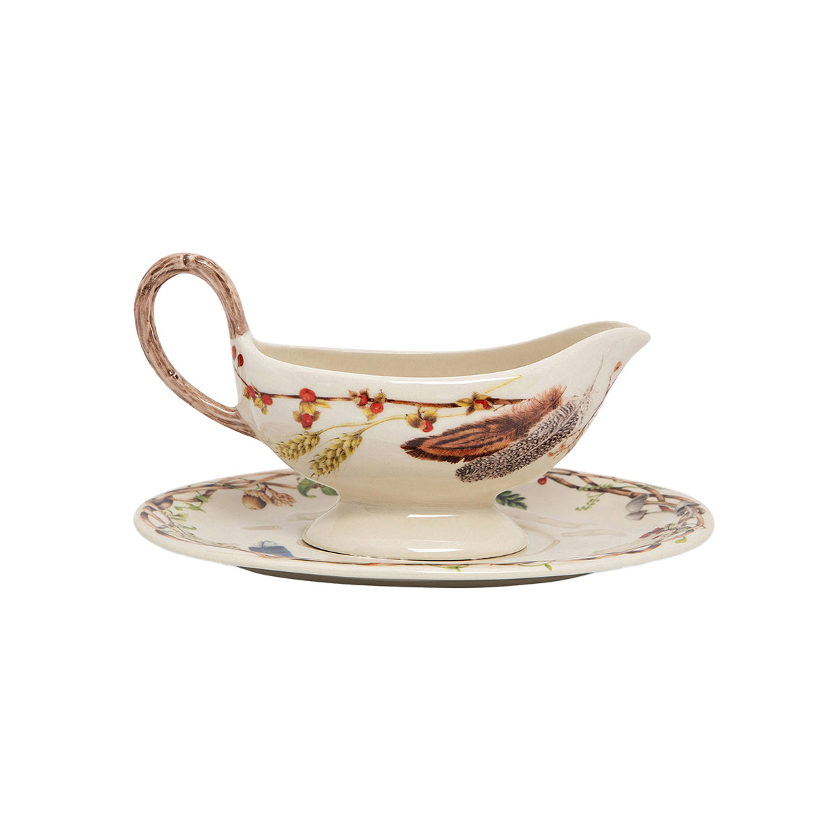 Juliska Forest Walk sauce boat with twig handle on its matching oval stand