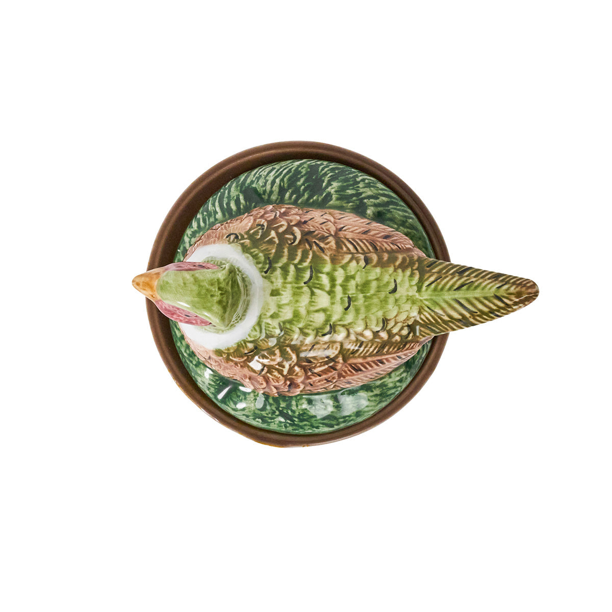 Juliska Forest Walk pheasant lid seen from above on a round green grass base