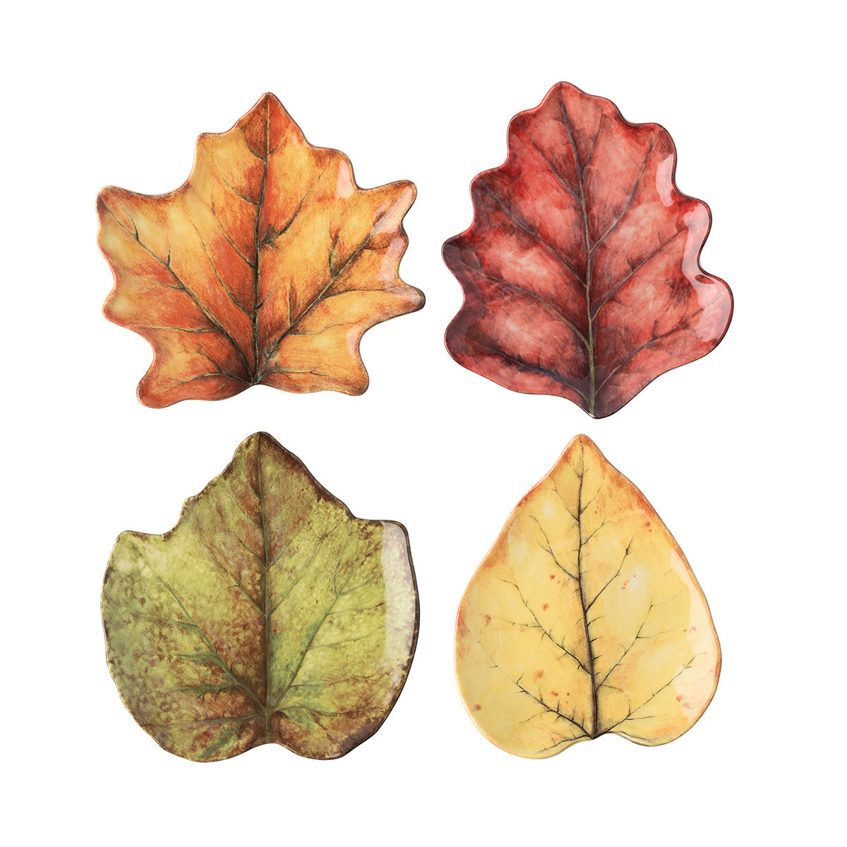Juliska Forest Walk set of four leaf-shaped cocktail plates in orange, red, green and yellow