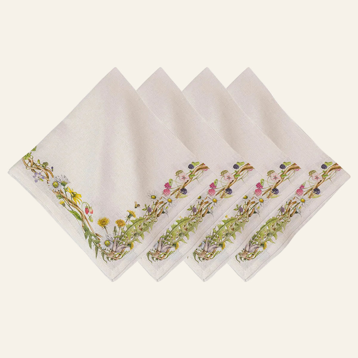 Juliska Meadow Walk ivory linen dinner napkins with floral botanical border, set of four.
