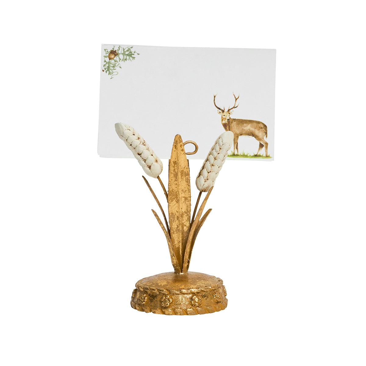 Juliska Forest Walk stag place card standing in a gold wheat holder