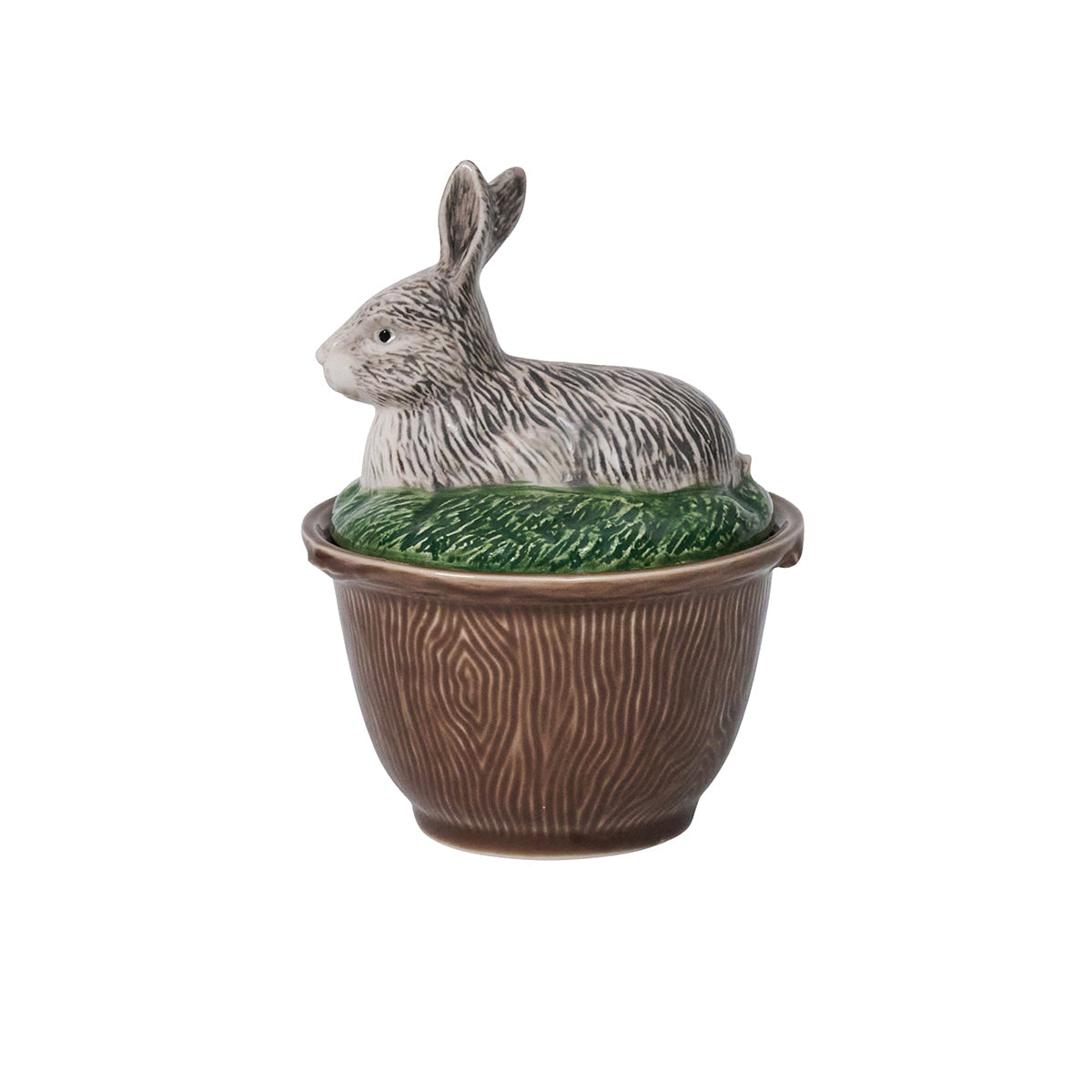 Juliska Forest Walk lidded bowl with a grey rabbit on a green grass lid over a brown bark-textured bowl