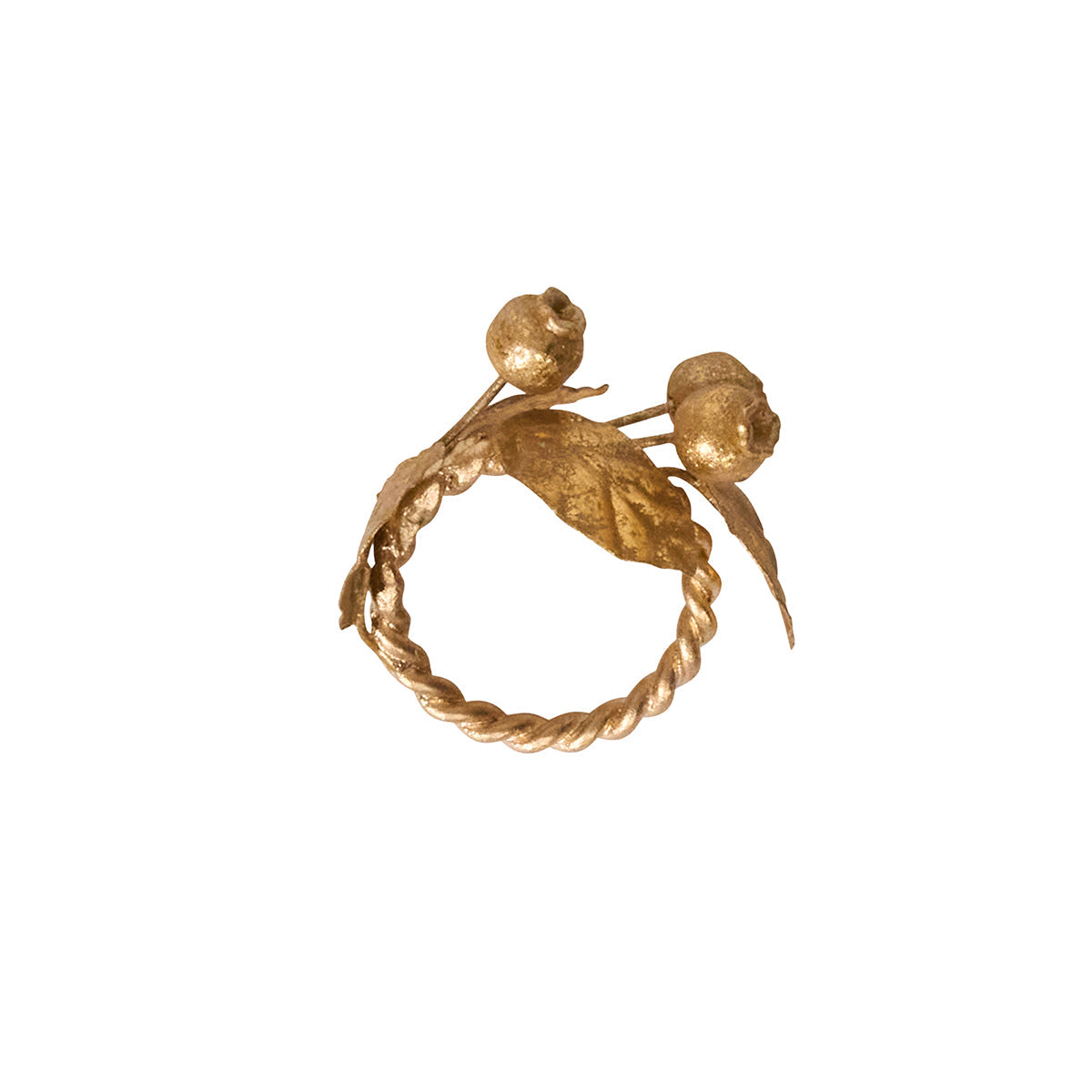 Juliska Forest Walk gold napkin ring with a single acorn and leaves