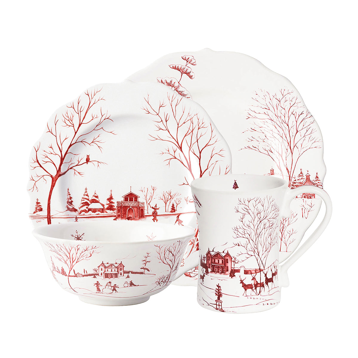 Juliska Country Estate Winter Frolic four piece place setting in ruby: dinner plate, salad plate, cereal bowl and mug