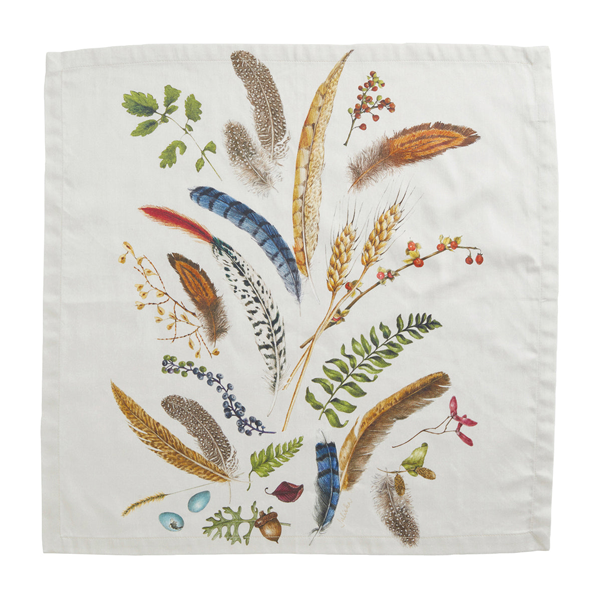 Juliska Forest Walk cotton napkin laid flat, printed with a spray of feathers, ferns, wheat and eggs