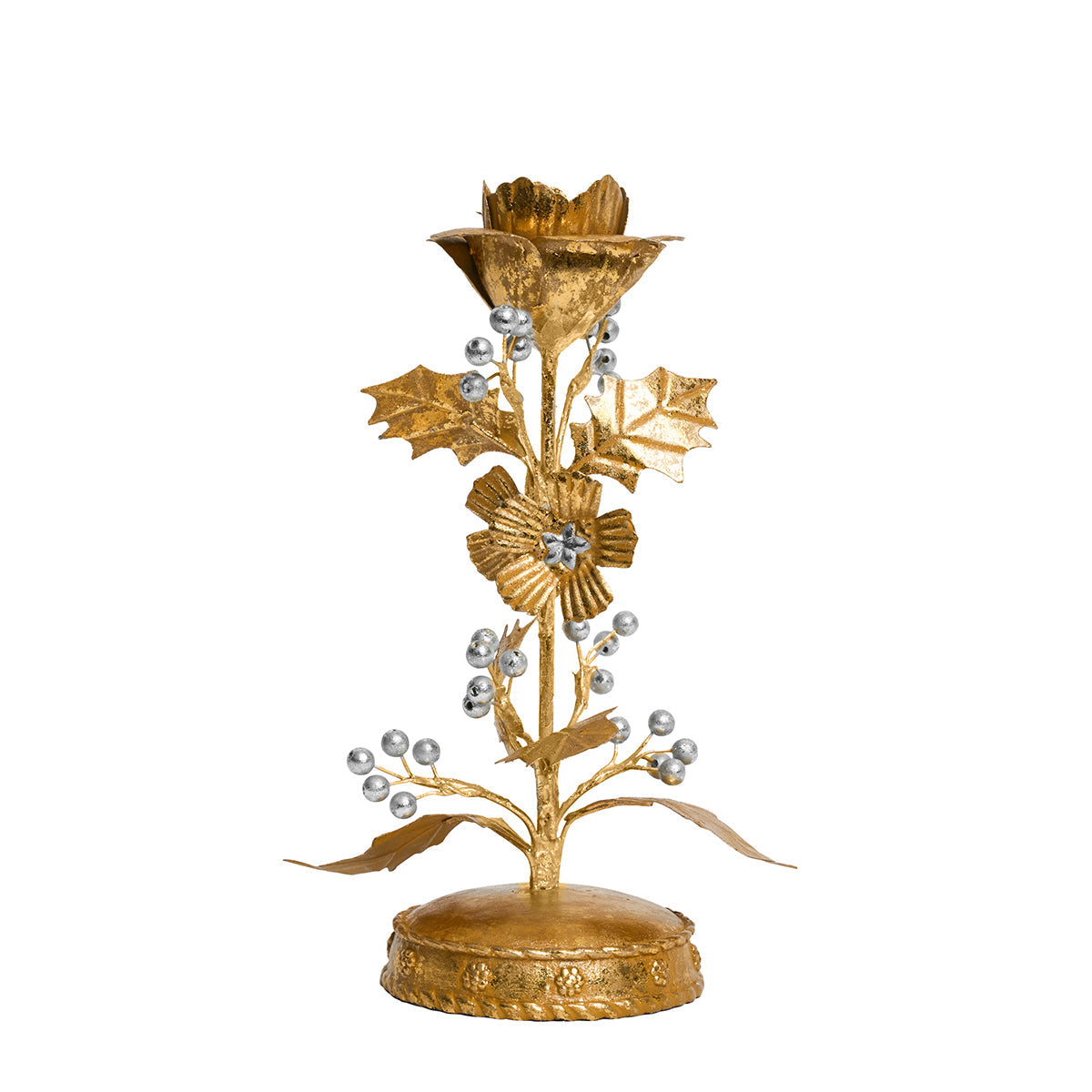 Juliska Forest Walk 9 inch gold holly candlestick with silver berries