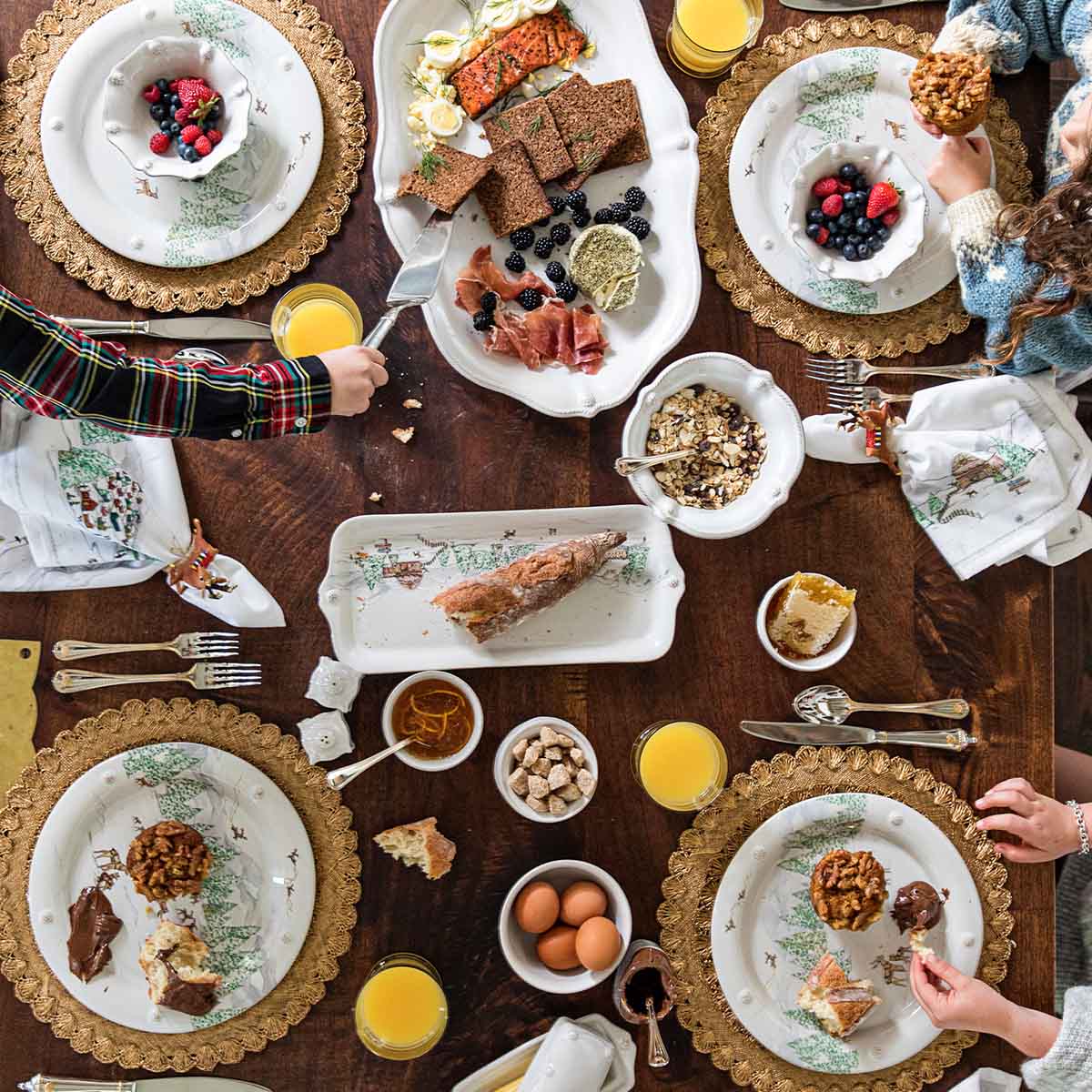 Holiday breakfast table set with North Pole dinnerware
