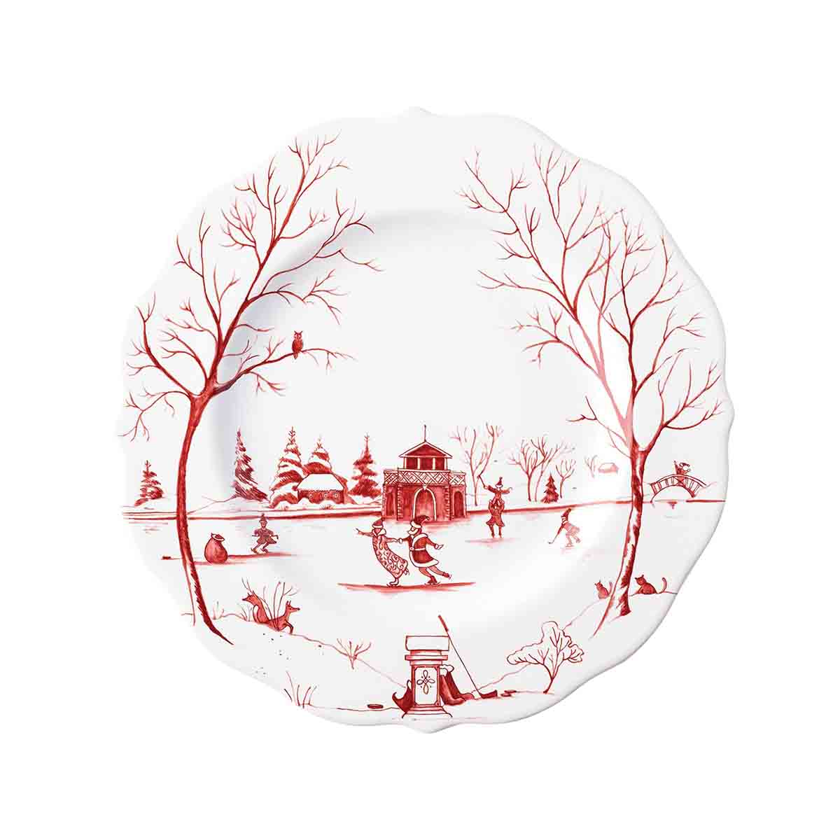 Juliska Country Estate Winter Frolic salad plate in ruby with Santa and Mrs. Claus skating by the boathouse