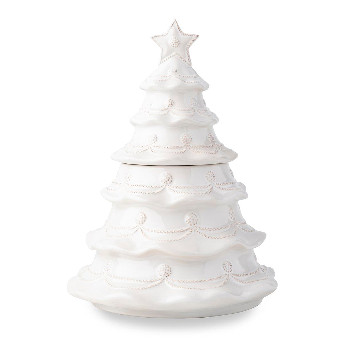 Juliska Berry & Thread Christmas tree cookie jar in whitewash ceramic with a star-topped lid