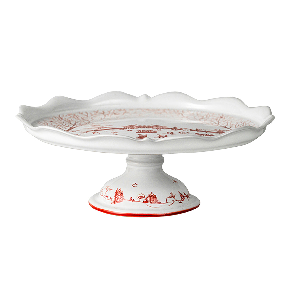 Juliska Country Estate Winter Frolic cake stand in ruby with a ruffled rim