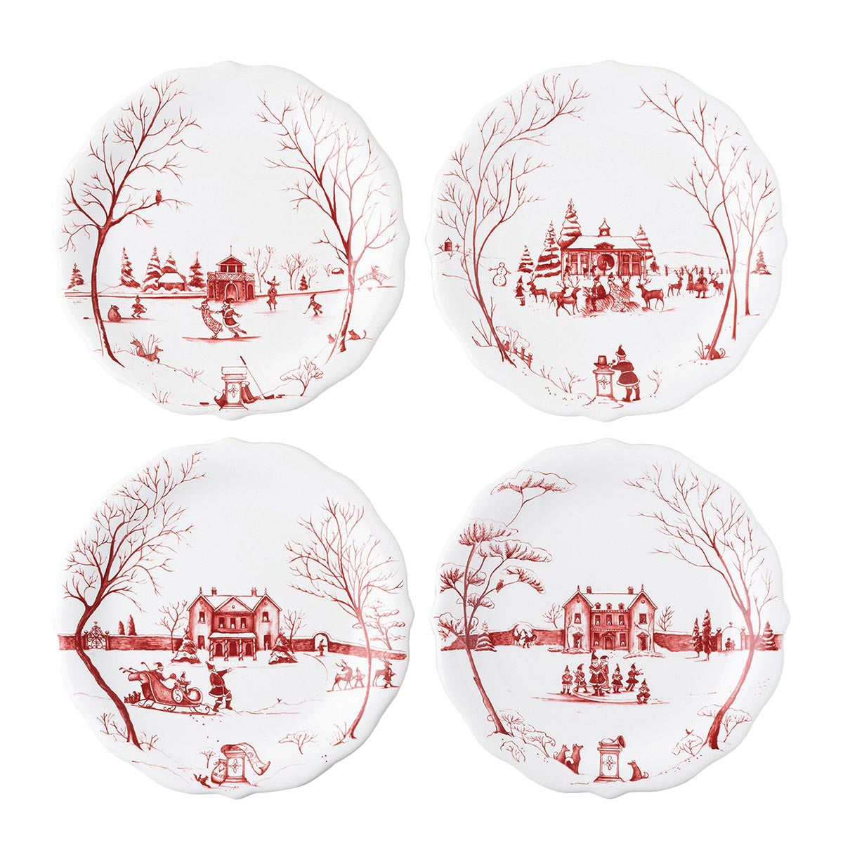 Juliska Country Estate Winter Frolic set of four ruby party plates, each with a different Christmas scene