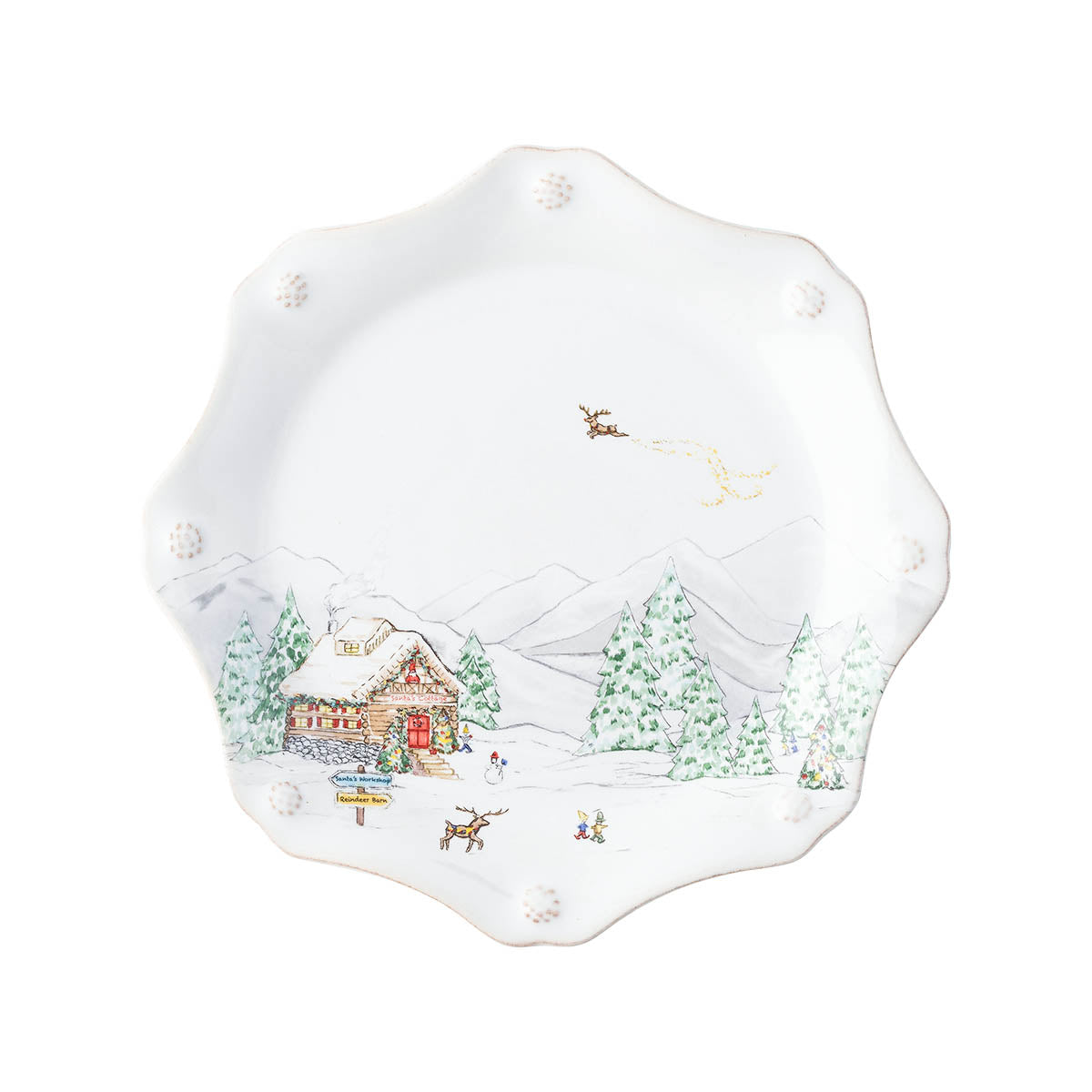 North Pole scalloped salad plate with a red-roofed cabin among snowy trees