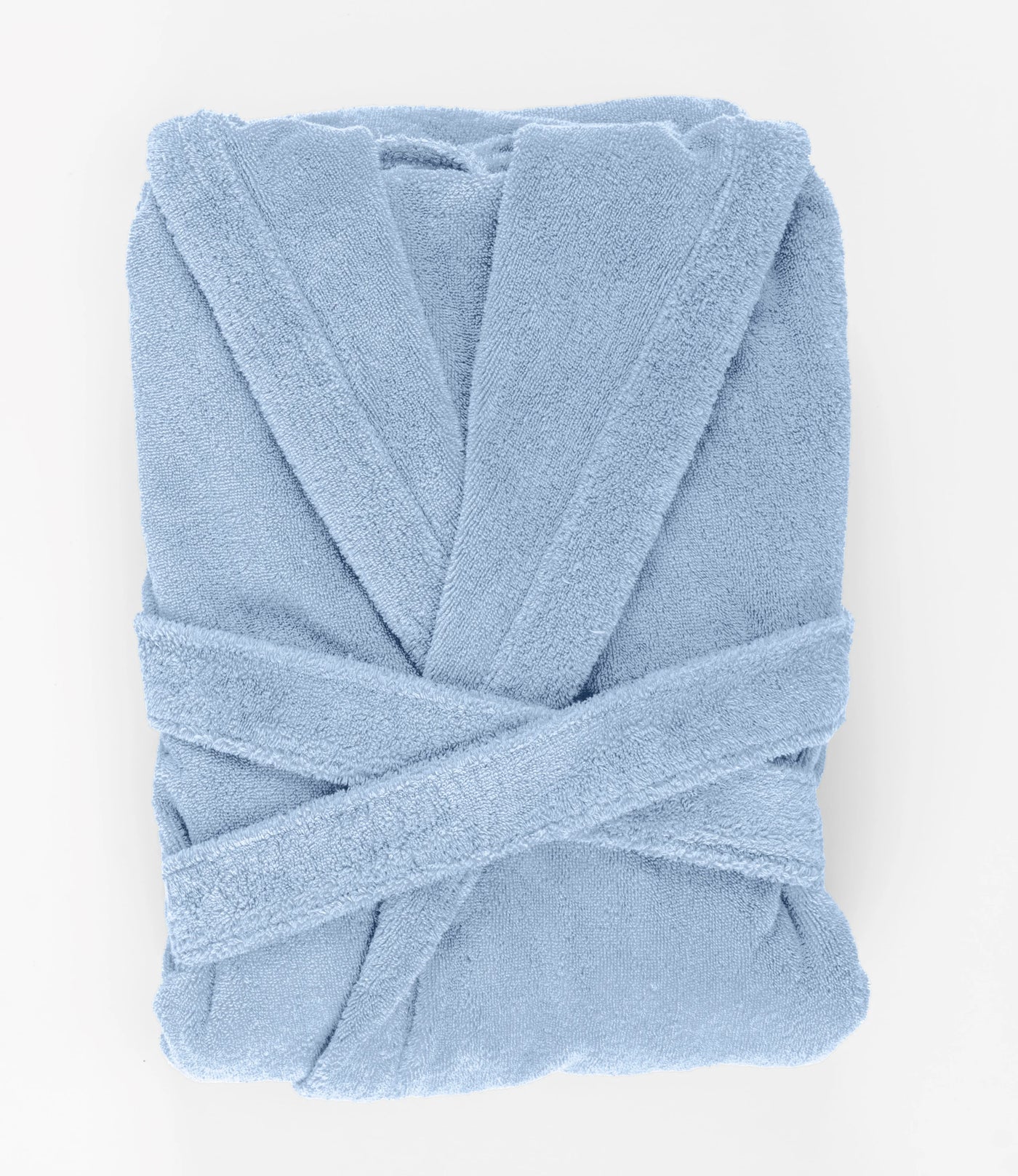 Abyss Habidecor Alex robe folded flat, sky blue terry cloth with shawl collar and belt.